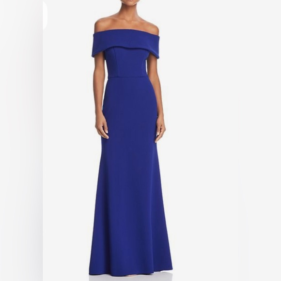 AQUA Off-the-Shoulder Scuba Crepe Full Length Gown - Royal Blue     Size 2.  NWT - Picture 1 of 15